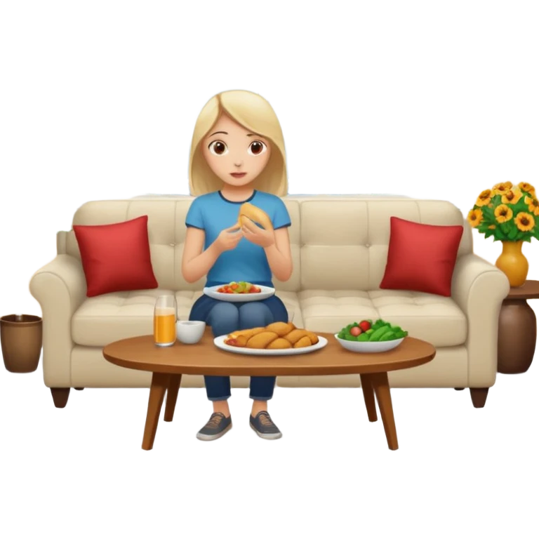 dinner table scene with people and a girl on sofa talking emoji