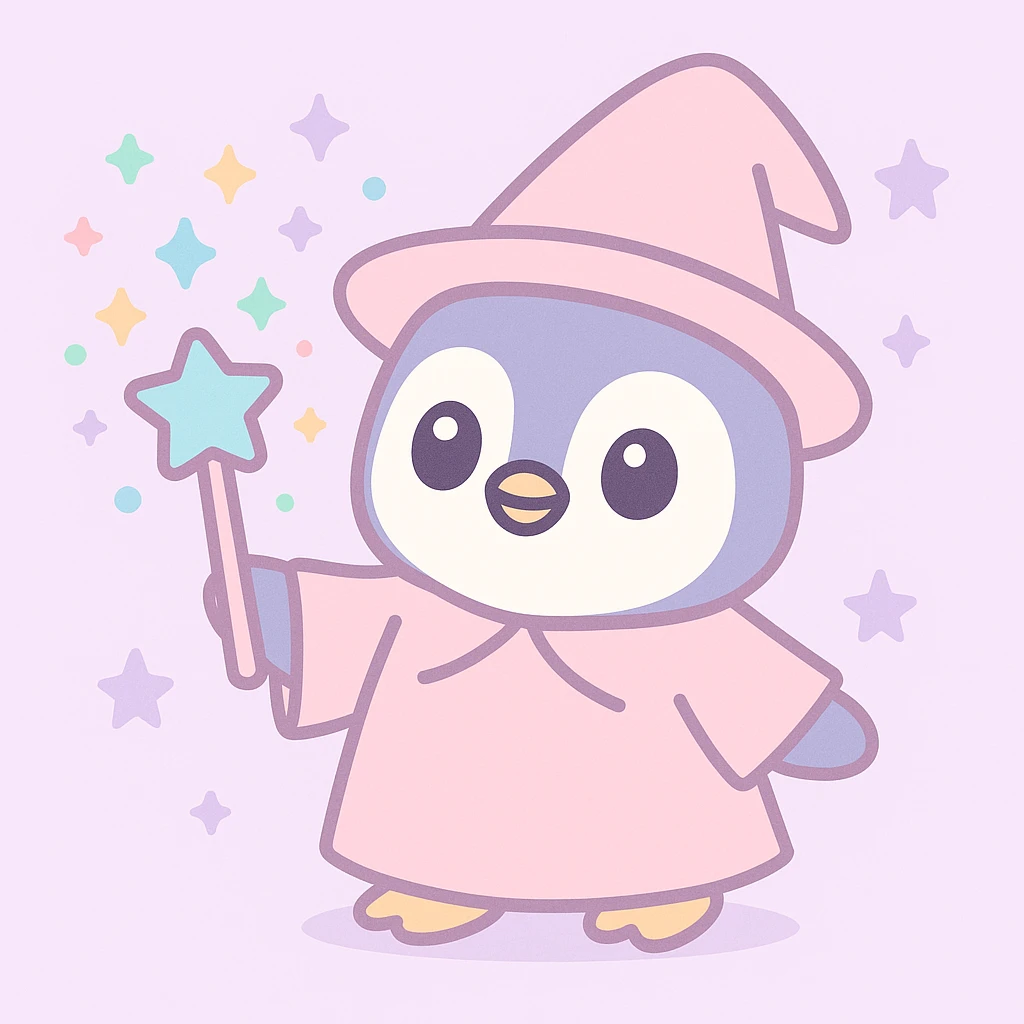 a cute penguin wizard casting a spell, wearing a robe and holding a wand, magical sparkles around emoji