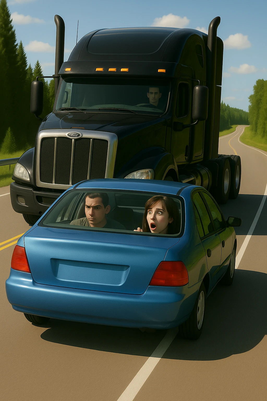 Remove the word 'move' from the car. Keep the scene bright and vibrant, featuring a black semi truck without a trailer and a person inside the car. Maintain the overall vibrant and bright atmosphere. emoji