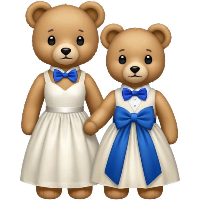 Teddy bear wearing white wedding dress holding the hand to another teddy bear wearing a big royal blue bow tie. The one with the white dress has no bows emoji