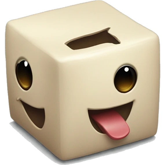 Image of a cube with no more than 3 sides but not quite 2. And there's aguy in there  a small one, he's looking at the camra in this scene .Wide eyes mouth being like "Oh, the cube!"Huge ball?s emoji