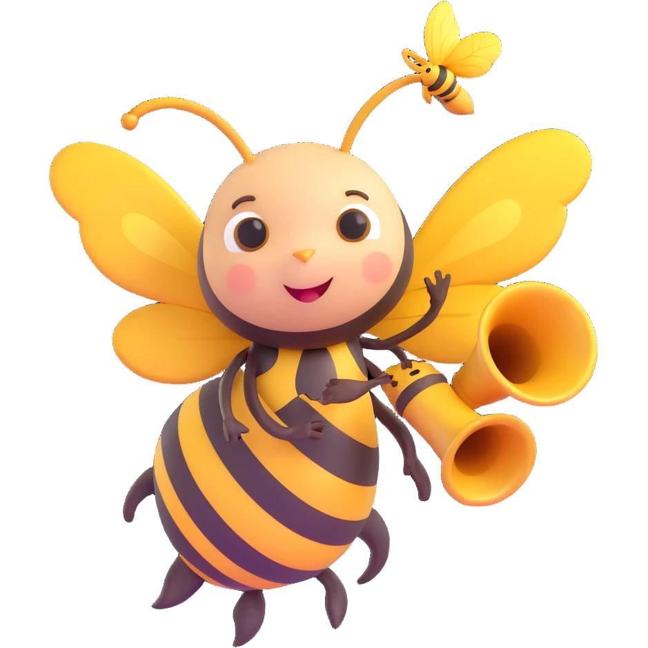 a cute bee with wings, blowing a golden trumpet emoji