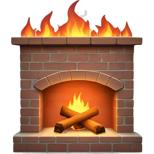 a burning fireplace made of brick or wood. There is a bright fire with soft flames in the fireplace, and you can add Christmas decor on top – fir branches, candles or socks for gifts emoji