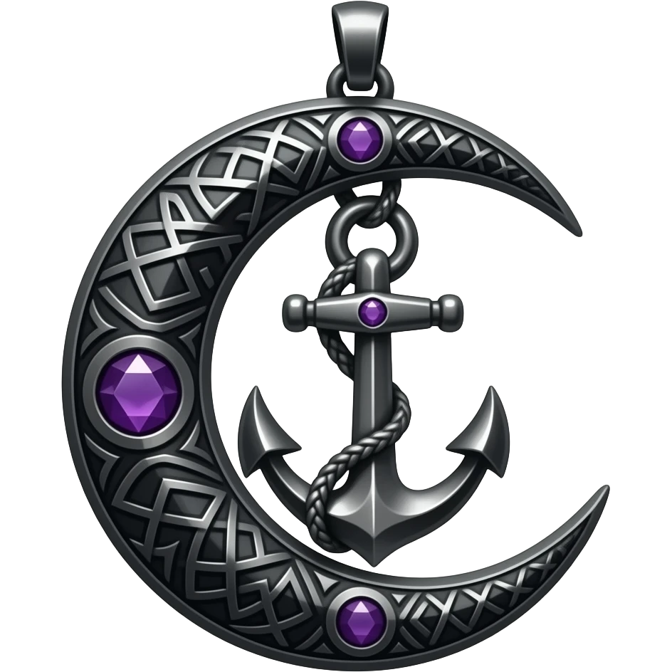 „blackened crescent‑moon and anchor pendant fused together, intricate runic engravings, small purple crystals, moonlight reflecting on metal, ethereal atmosphere, high detail, no characters“ emoji