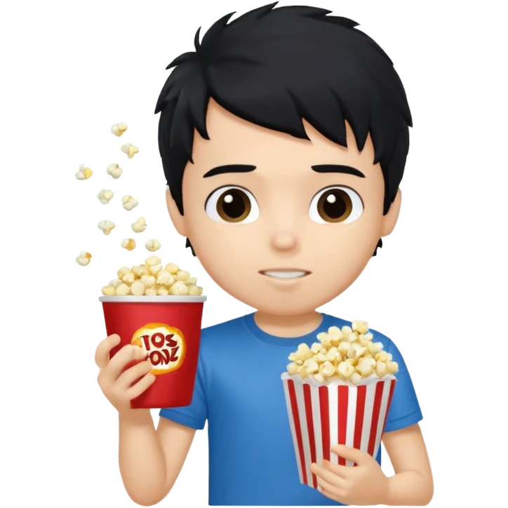 generate a pretty fair bratz boy with a blue tshirt on. eating popcorn. messy black hai emoji