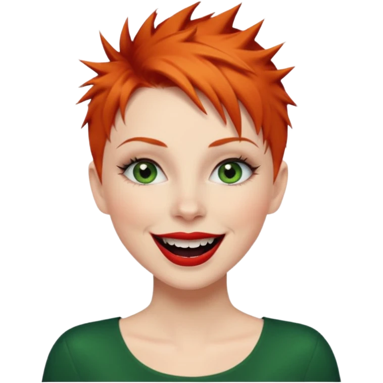 Short spikey Ginger hair, green eyes, black long eye lashes large red lips White woman laughing emoji