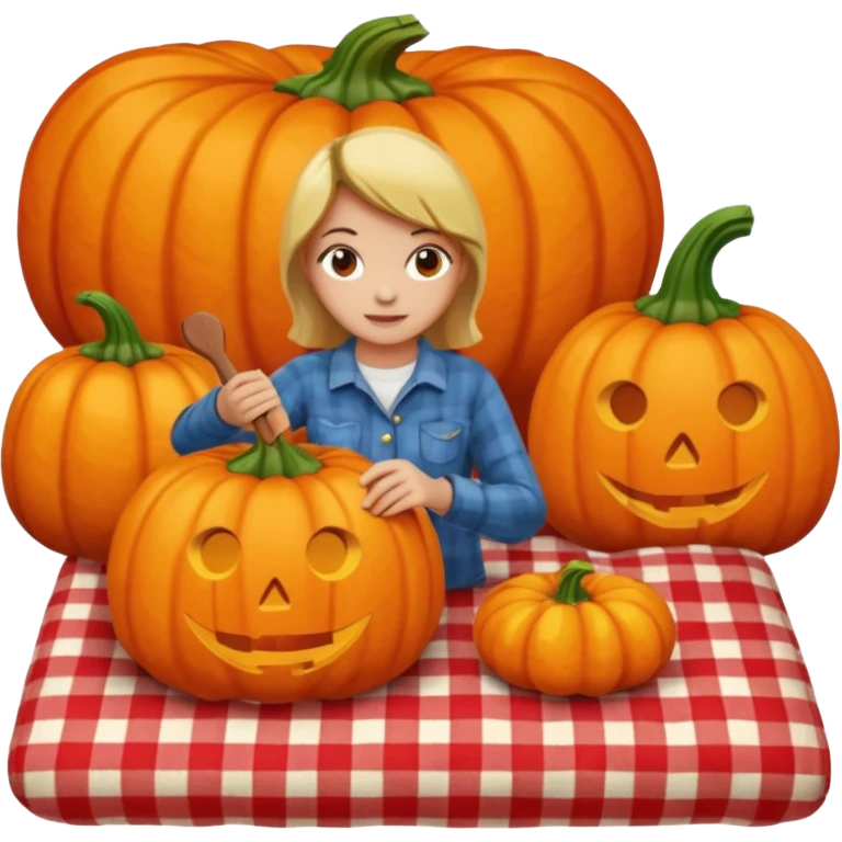 Pumpkin carving on a red gingham blanket  emoji