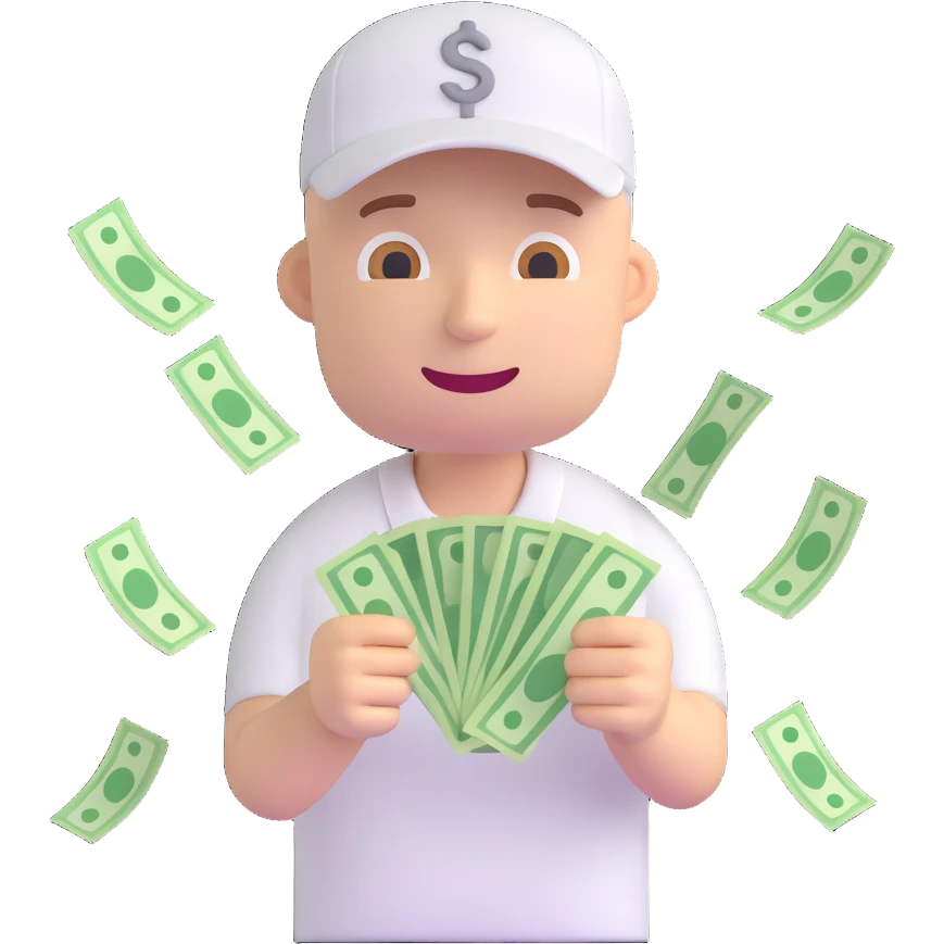 white man with a white cap playing with money, 3D emoji style emoji