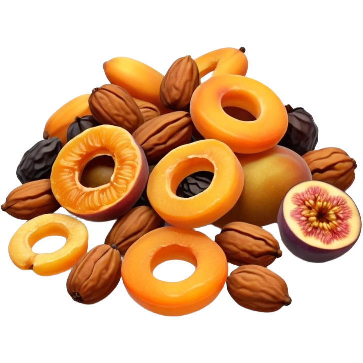 small pile of dried fruits including apricots, figs, dates, raisins, apple rings, grouped, realistic texture, warm amber and golden tones, soft shadows, 3D clean style, no tray, transparent background, optimized for emoji size emoji