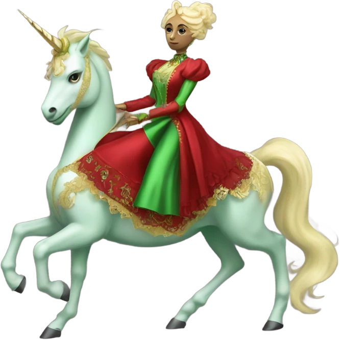 "galora green blonde alien woman" in red Victorian elegant dress, full body, rides unicorn gold and white
 emoji
