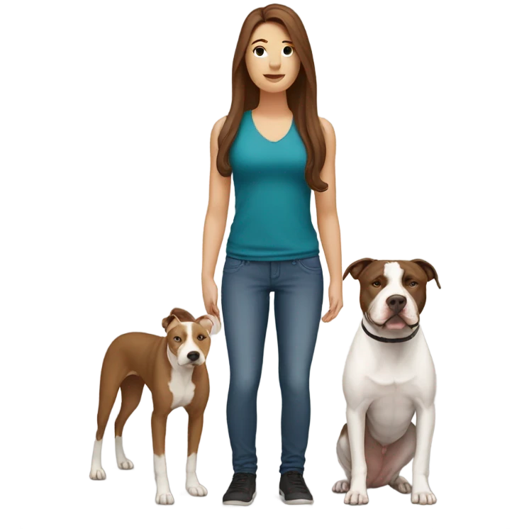 white woman with straight long brown hair standing alongside a white pitbull emoji