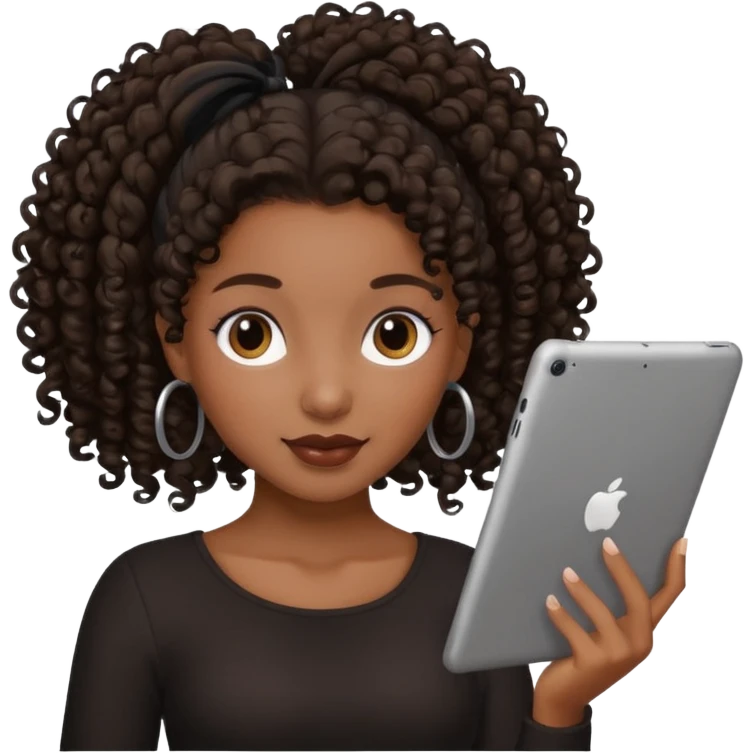 Dark brown Black girl with curly ponytail holding ipad emoji