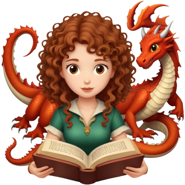 chestnut curly/wavy haired girl reading a fantasy book with dragons emoji