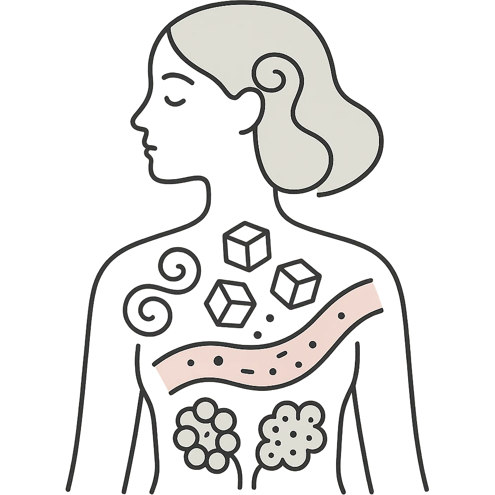 minimalist medical art of a woman's silhouette filled with abstract representations of PCOS symptoms including swirling hair growth, sugar cubes falling into a bloodstream, polycystic ovaries drawn like dark constellations, pastel colors emoji