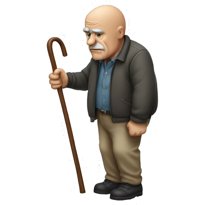 Bald Old man leaning on a walking cane holding his back with his hand grumpy face, detailed emoji