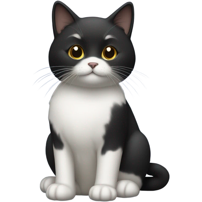 Small, short-haired, black-faced black cat with a white tummy sitting up emoji
