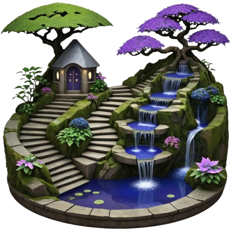 Alien saucer house jungle-vines precarious narrow stairway fountain koi pond mountainside -island getaway nighttime landscape antique mudman very old broken cracked intricate Stone Age lapis-crusted irregular dodecagon-shaped shallow dark moss rough bark violet serissa flowered maple tree bonsai emoji