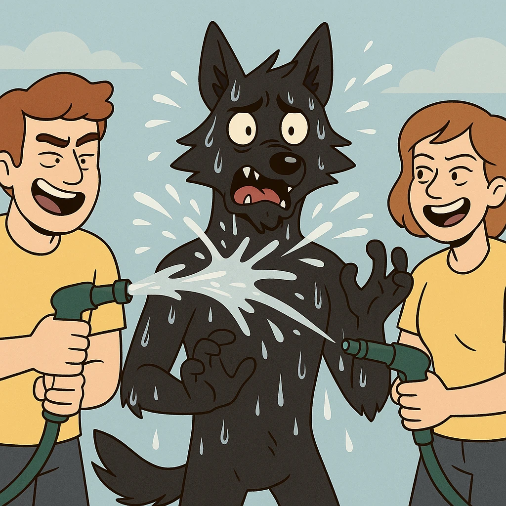 people in yellow shirts spraying water on an anthro black wolf in flat toon style emoji