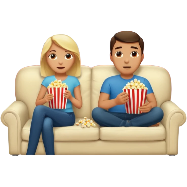 Crea un emoji dove si vedono un uomo e una donna mangiano i pop corn su un divano e guardano la televisione, nella televisione ci deve essere scritto netflix emoji