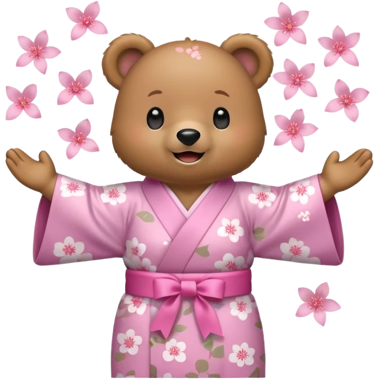 A cute light-brown bear wearing a pastel pink sakura-patterned kimono with a small ribbon on the back, normal balanced head and body ratio, joyful excited expression with sparkling round eyes and a wide happy smile, arms raised in excitement, a few pink sakura petals floating around emoji