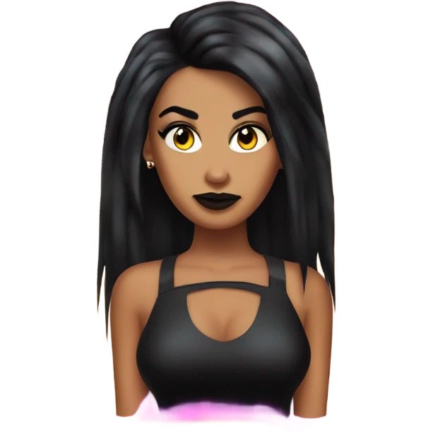 Tanned woman with black hair dressed in 1990s goth hair, makeup, and neon attire  emoji