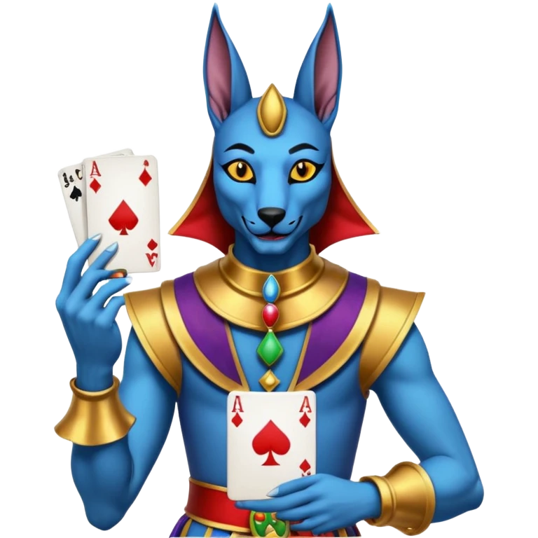 crazy colorful anubi jolly joker from poker, medieval, vintage, court jester, mac os icon, blue color, holds a single poker card on the right paw emoji