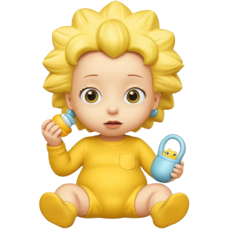 A 3D cartoon baby character fully yellow skin, styled like Maggie Simpson, with pacifier, yellow onesie, big eyes, smooth shading, Memoji-style rendering, consistent with other yellow Simpsons characters. emoji