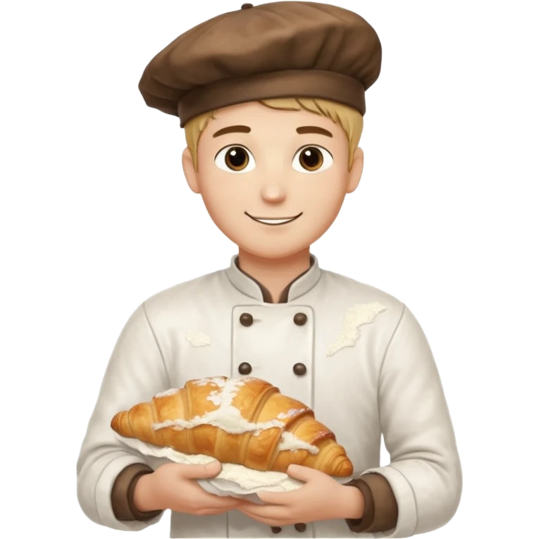 Young male baker – holding a croissant, flour on clothes

 emoji