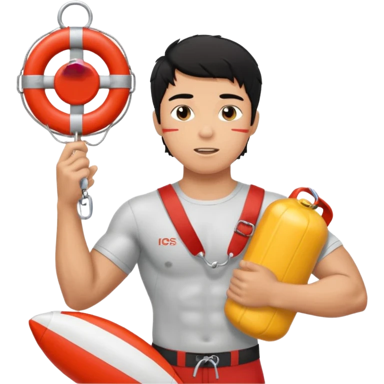 Muscular lifeguard teen boy with rescue buoy and whistle messy black hair emoji