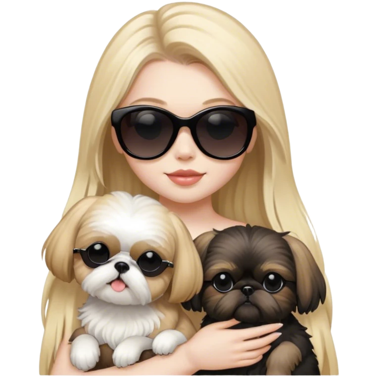 Blonde girl with long hair and pale skin and black sunglasses holding 1 tan Shih Tzu and 1 black Shih Tzu emoji
