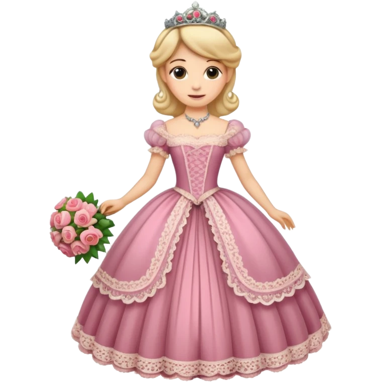 An emoji portrait of a Victorian princess. She is wearing an elaborate crinoline ball gown with intricate lace trim and ribbons. She wears a tiara on her head, and her expression is poised and proper. She is holding a small bouquet of flowers. emoji