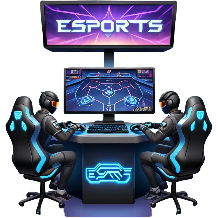 An icon featuring a gaming monitor displaying an intense esports competition, with players' hands on controllers and keyboards. A digital scoreboard and glowing energy lines surround the scene, symbolizing the excitement of competitive gaming. Transparent background highlights the world of esports. emoji