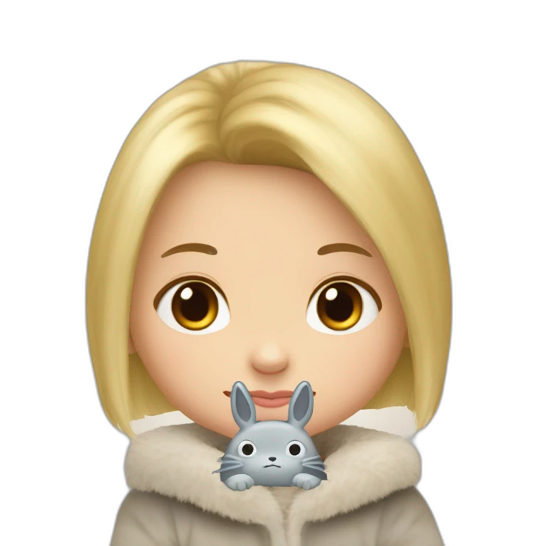 bébé fille blonde décoiffée avec une peluche Totoro  emoji