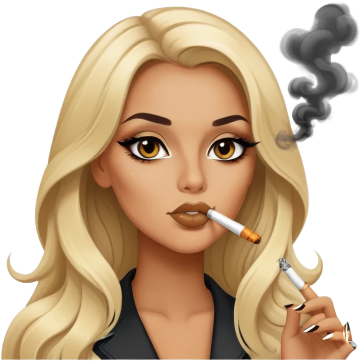 blonde gorgeous girl long hair with latina makeup smoking a cigarette and blowing smoke baddie winged eyeliner  emoji