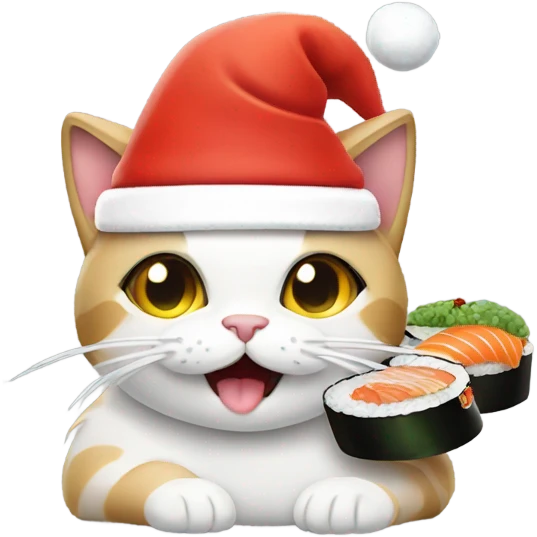 cat wearing a santa hat and eating sushi emoji