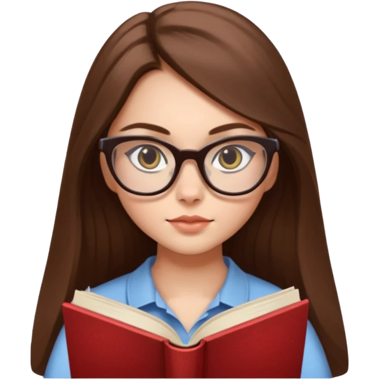 clean beautiful girl long brown hair, wear glasses cat eye, reading a book emoji