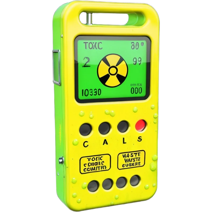 3D render of Geiger Counte, toxic waste aesthetic, neon green bubbling liquid, caution yellow metal, industrial warning texture. emoji