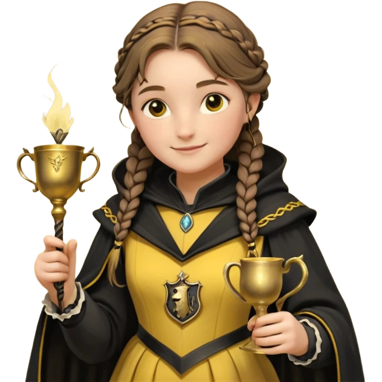 Helga Hufflepuff,the Hogwarts founder of Hufflepuff,brown-haired,2braids,yellow-black medieval dress with black cloak decorated with gold braiding,flickering magic wand and tiny two-handled shiny gold cup engraved with the badger silhouette,very kind smile,curvy busty sweet emoji
