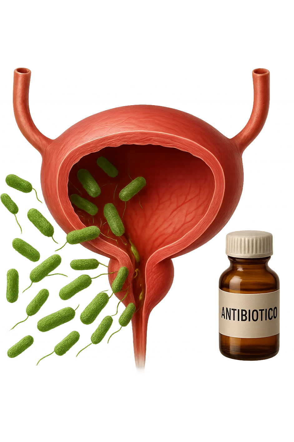 batteri intestinali che migrano ed entrano in una vescica anatomica realistica per infettarla, davanti a lei fluttua una boccetta con la scritta "ANTIBIOTICO", iperrealistico 4k emoji