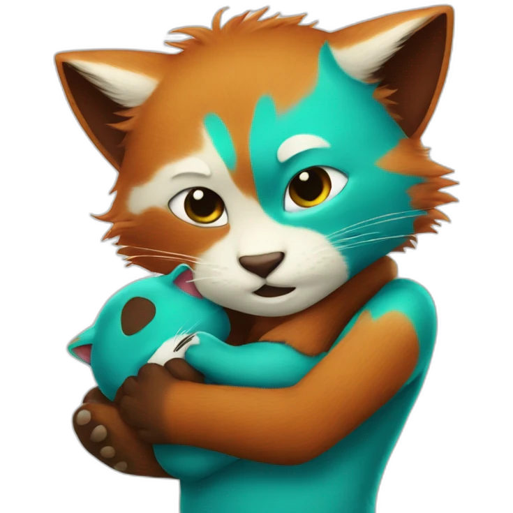 Turquoise cat hugs red panda emoji
