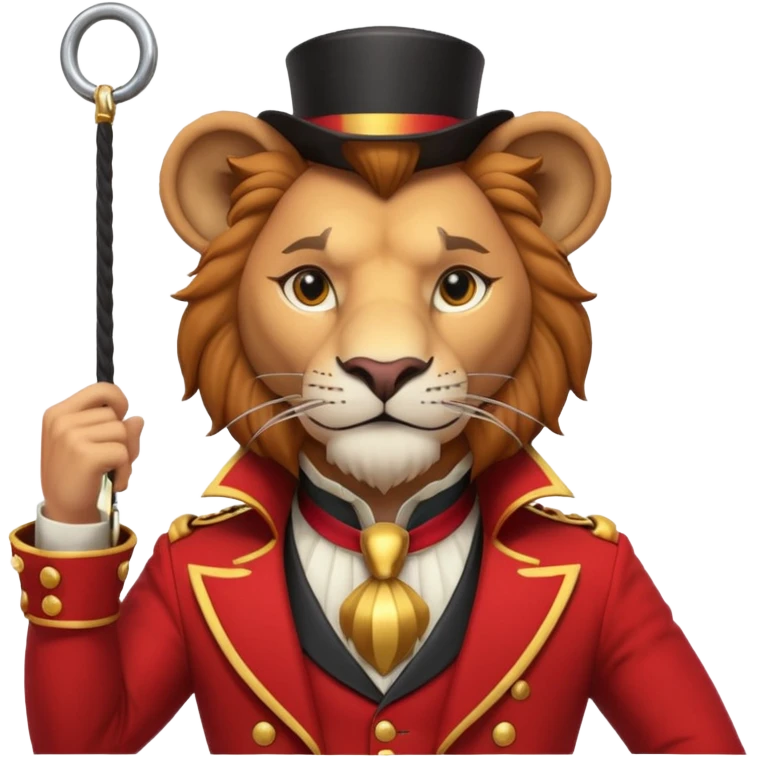 circus lion tamer portrait, head and shoulders only, red ringmaster jacket collar, confident strong look, whip handle visible, 3D cartoon, mobile game icon style, clean background, no text, no watermark
 emoji