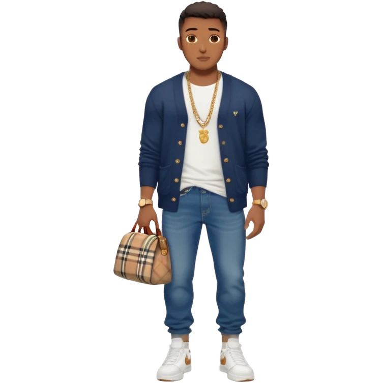 Handsome Black guy with brown skin tone, with muscular build, wearing long baggy dark denim jeans, a white t-shirt, a Burberry cardigan, white Nike sneakers, a gold watch, and a dainty chain emoji