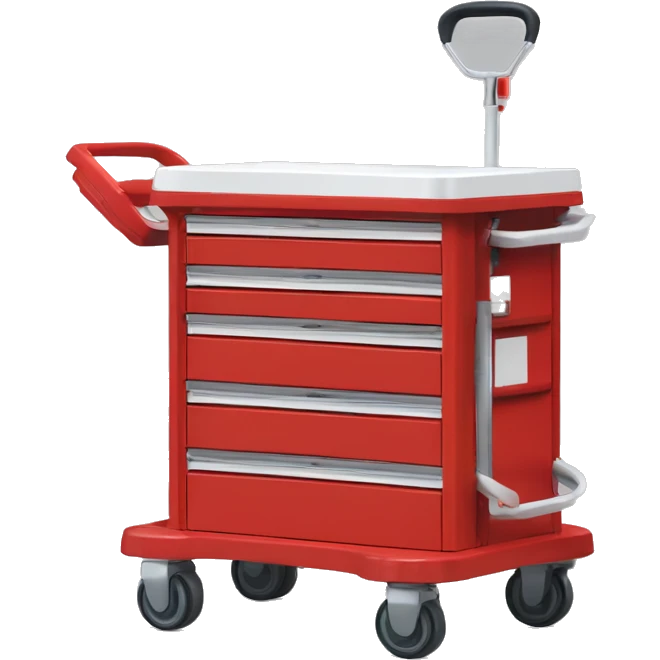 Singular Red medical crash cart is a mobile, multi-drawer unit designed to store and organize emergency medical supplies and equipment emoji