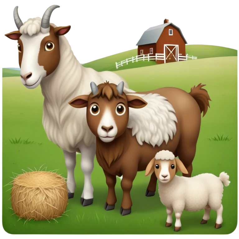 Icon for Domestic Hooved Animals: A gentle collage featuring a brown goat with large, curious eyes, a calm sheep with soft wool and a horse with a flowing mane. Background with a green pasture and a few hay bales. Transparent background. emoji
