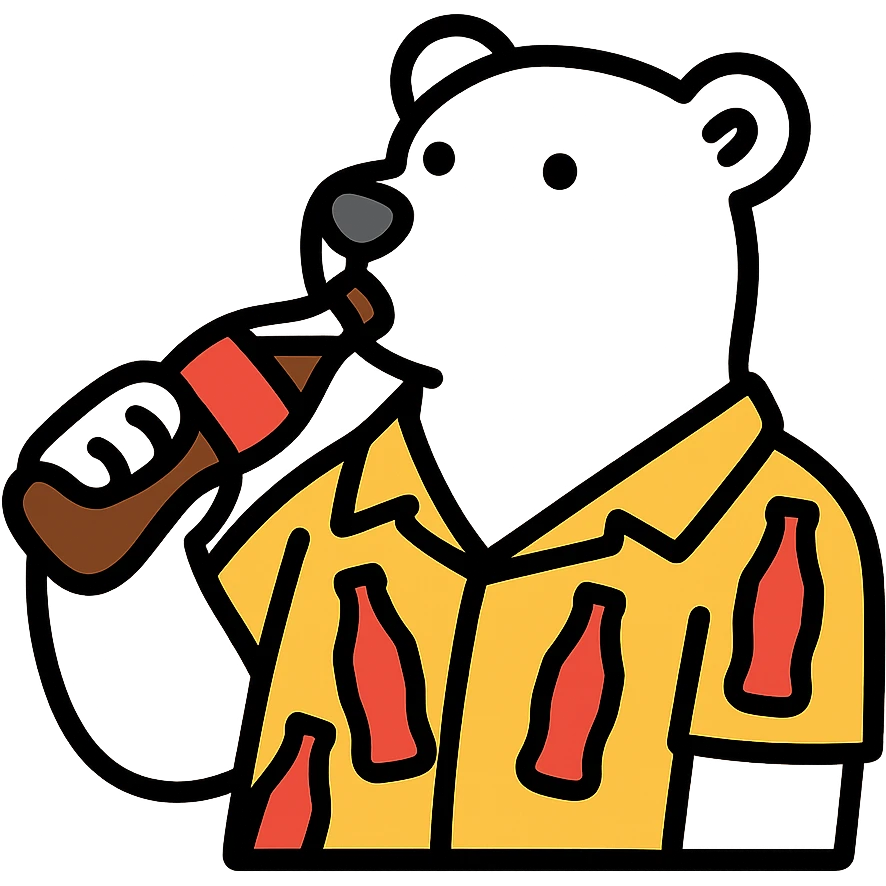 polar bear wearing a Hawaiian shirt with Coke bottles printed on it, drinking a bottle of Coca-Cola emoji