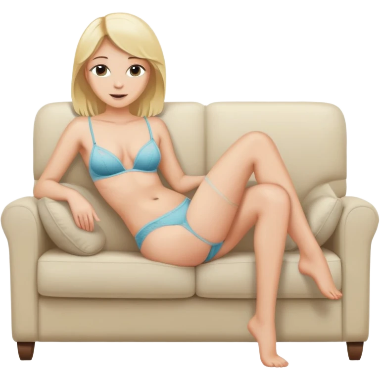 fullbody realistic busty blonde topless buxom in undies sitting on couch in comfy
missionary legs up pose sfw emoji