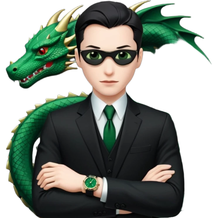 mysterious scenery: green audemars piguet watch (without text), black bugatti, and a dark green dragon, and a mysterious agent from The Matrix emoji