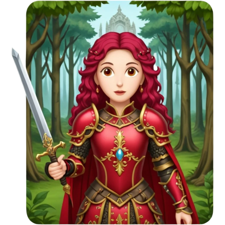 realistic cinematic actress Cher in baroque styling with crimson armor in a forest emoji