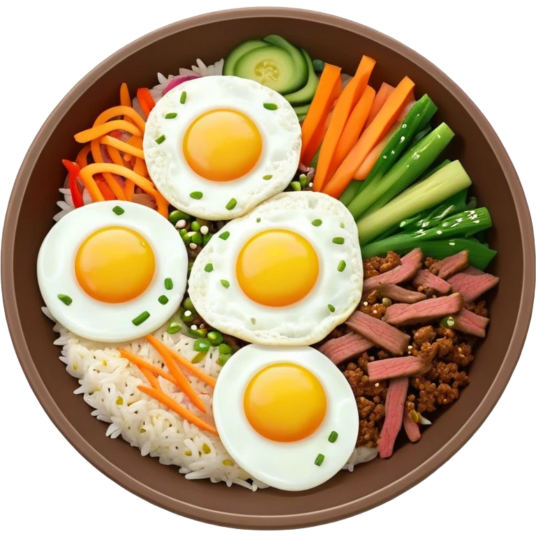 Cinematic Realistic Bibimbap Dish Emoji, showcasing a colorful bowl of mixed rice, assorted vegetables, beef, and a fried egg rendered with lifelike detail and vibrant, harmonious lighting. emoji