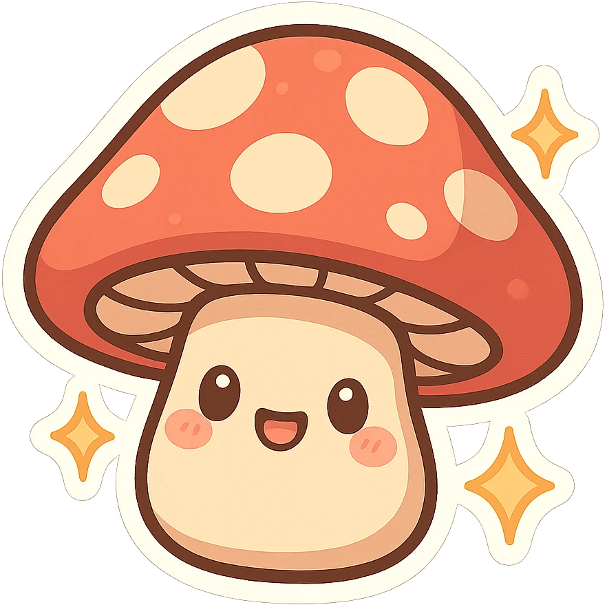chibi sticker-style mushroom with sparkles, cute and exaggerated emoji